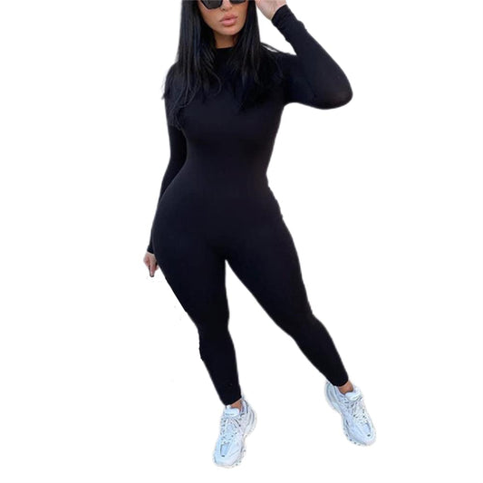 ECHOINE Long Sleeve Jumpsuit For Women Sexy Round Neck Back Zipper Bodycon Long Romper Clubwear